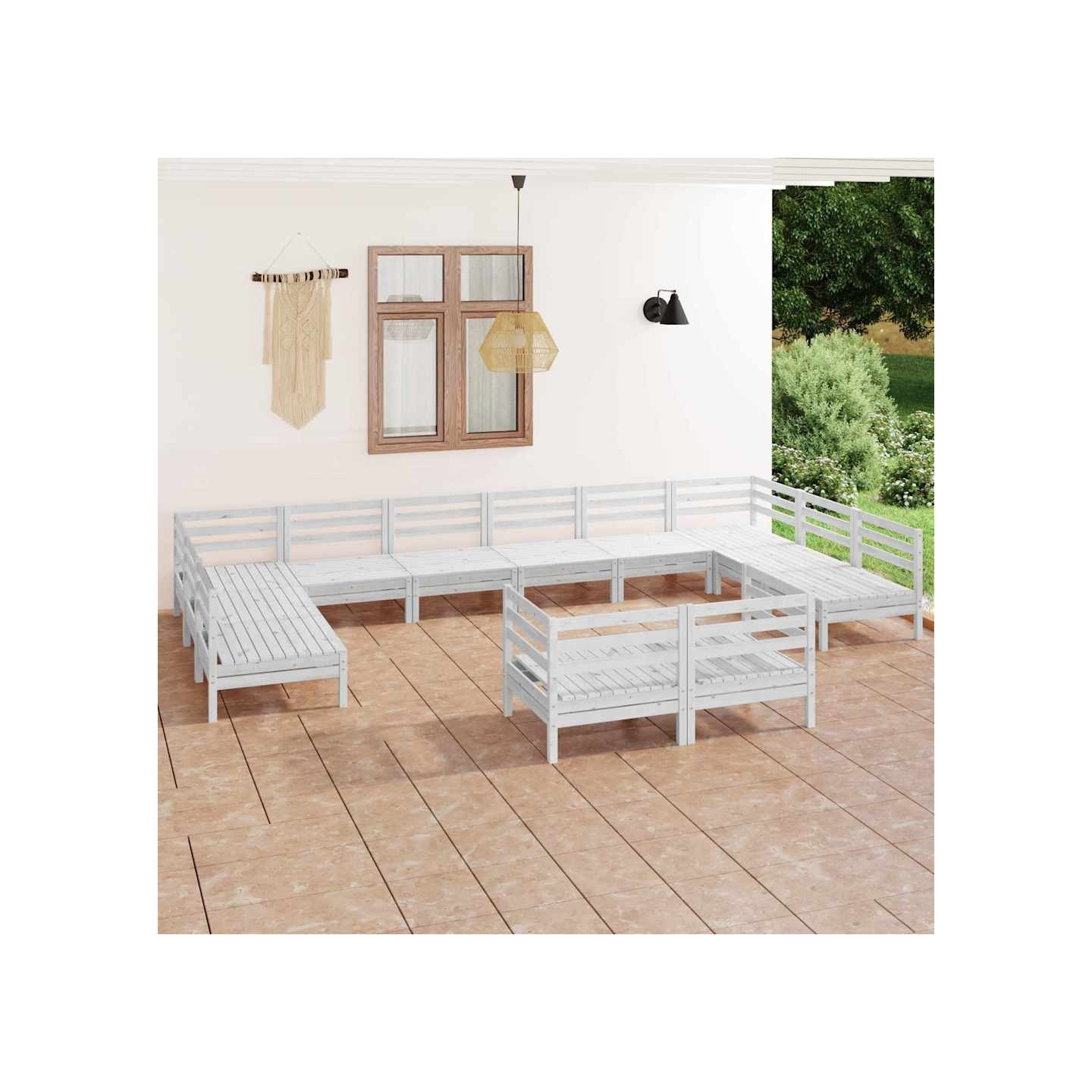 Salon de jardin 12 pcs Blanc Bois de pin massif