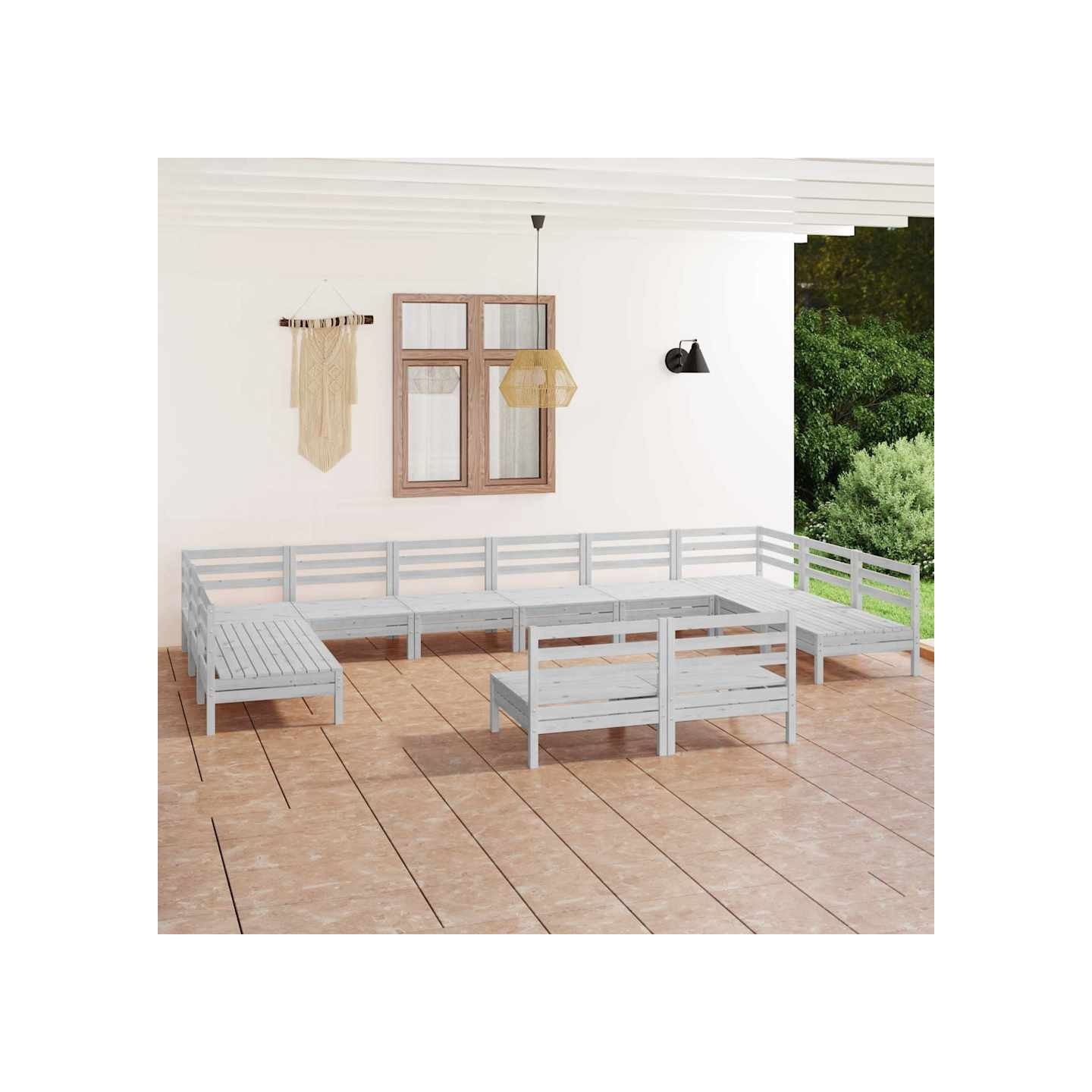 Salon de jardin 12 pcs Blanc Bois de pin massif