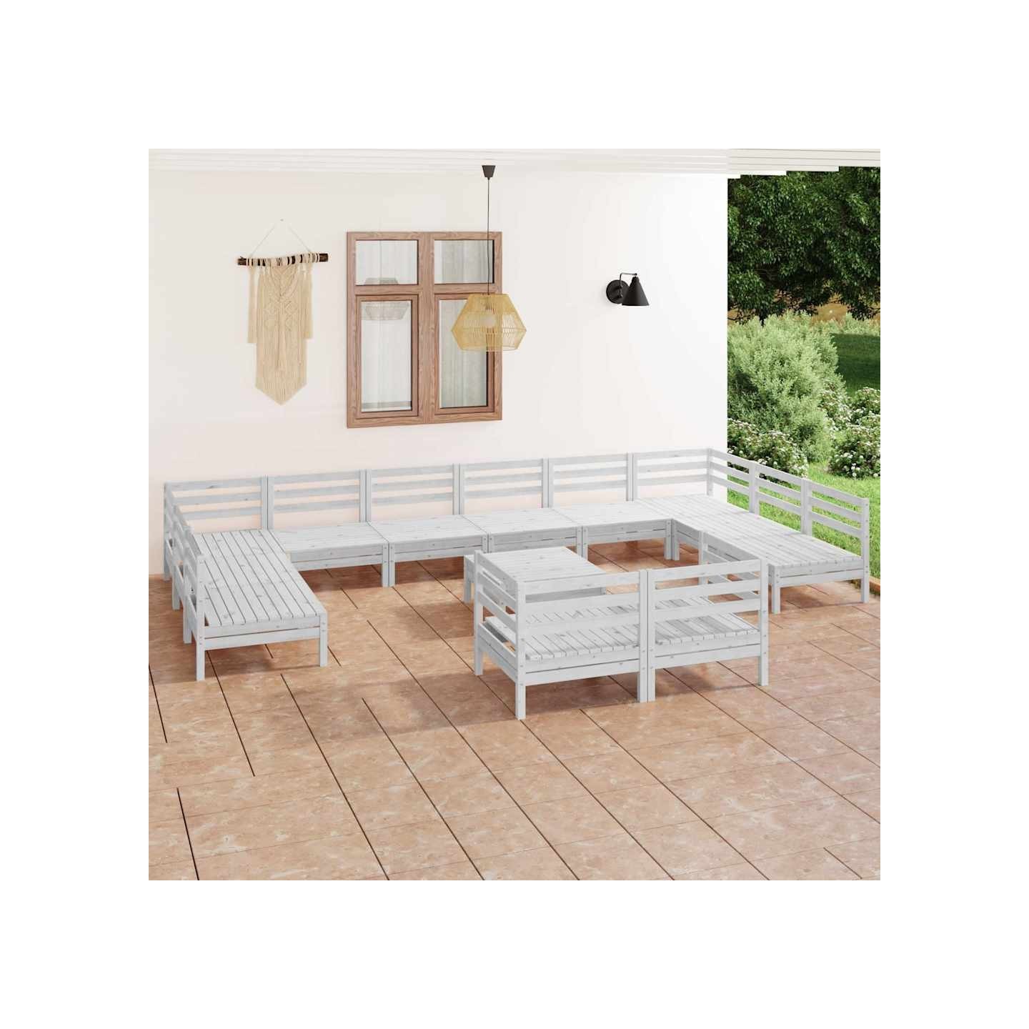 Salon de jardin 13 pcs Blanc Bois de pin massif