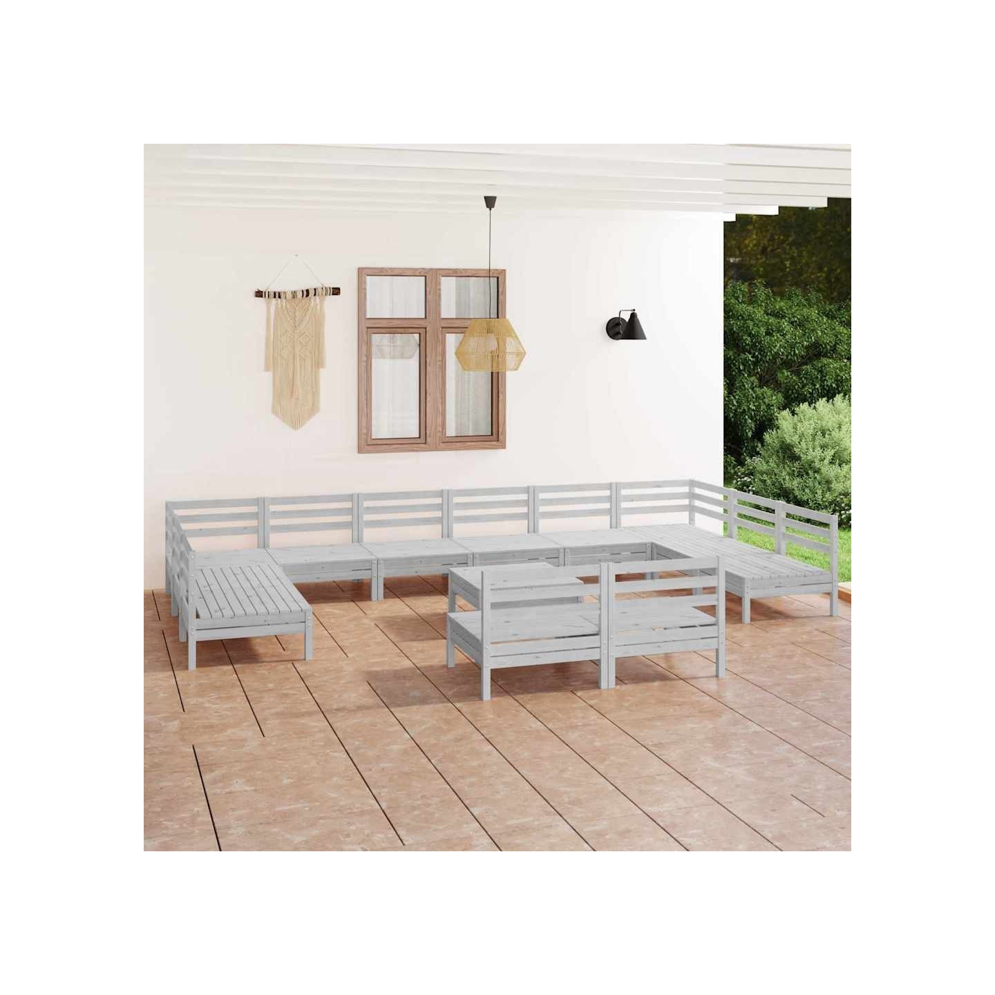 Salon de jardin 13 pcs Blanc Bois de pin massif