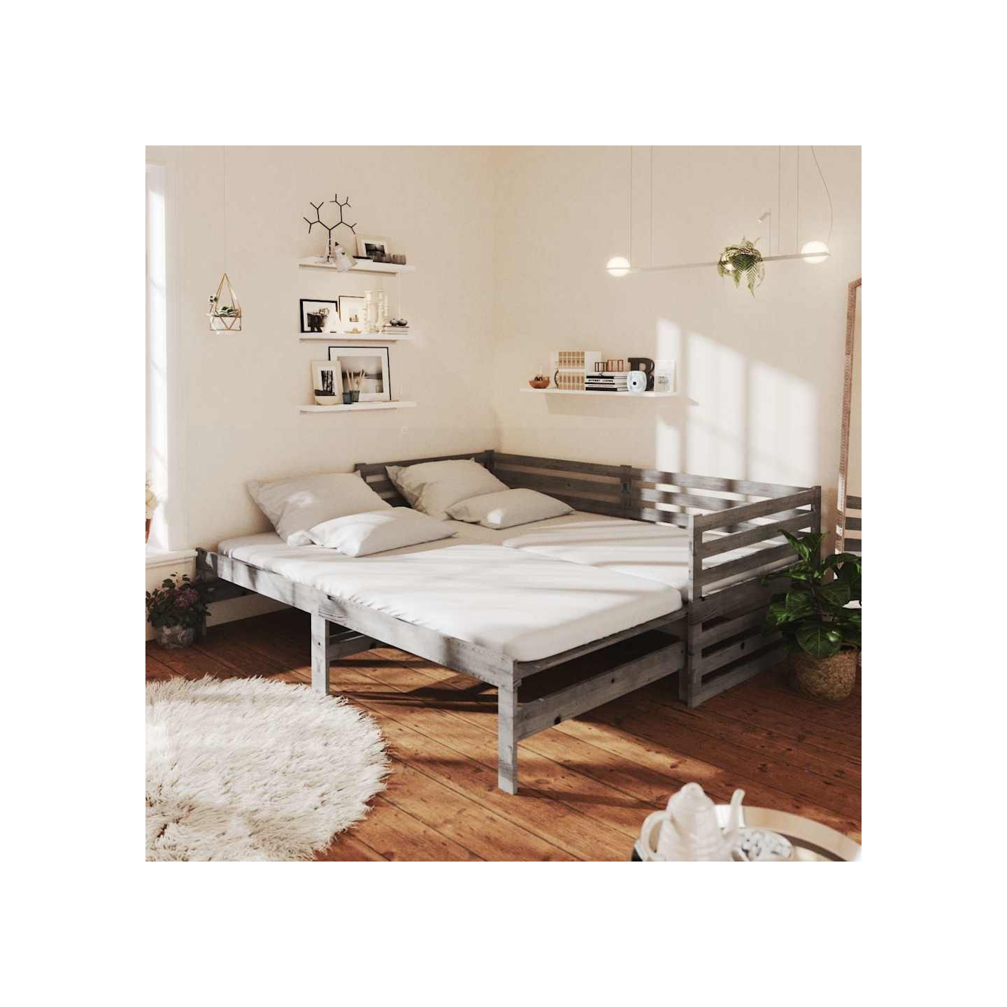 Lit coulissant 2x(90x200) cm Gris Bois de pin massif