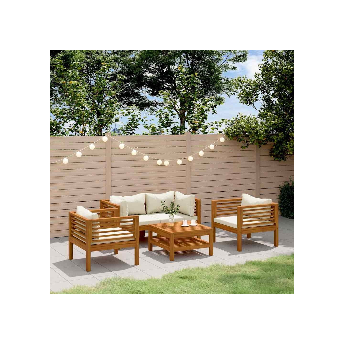 Salon de jardin 5 pcs avec coussin crème Bois d'acacia solide