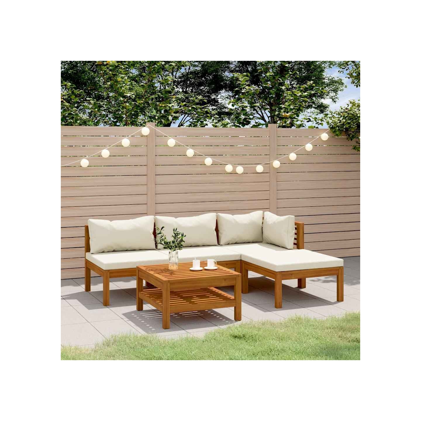 Salon de jardin 5 pcs avec coussin crème Bois d'acacia solide
