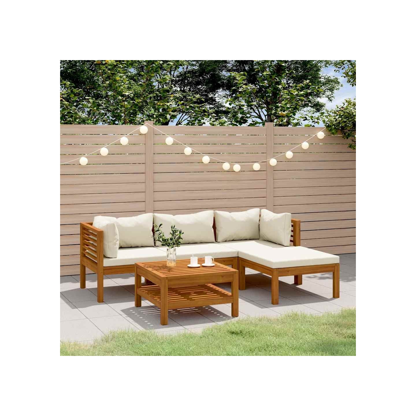 Salon de jardin 5 pcs avec coussin crème Bois d'acacia solide