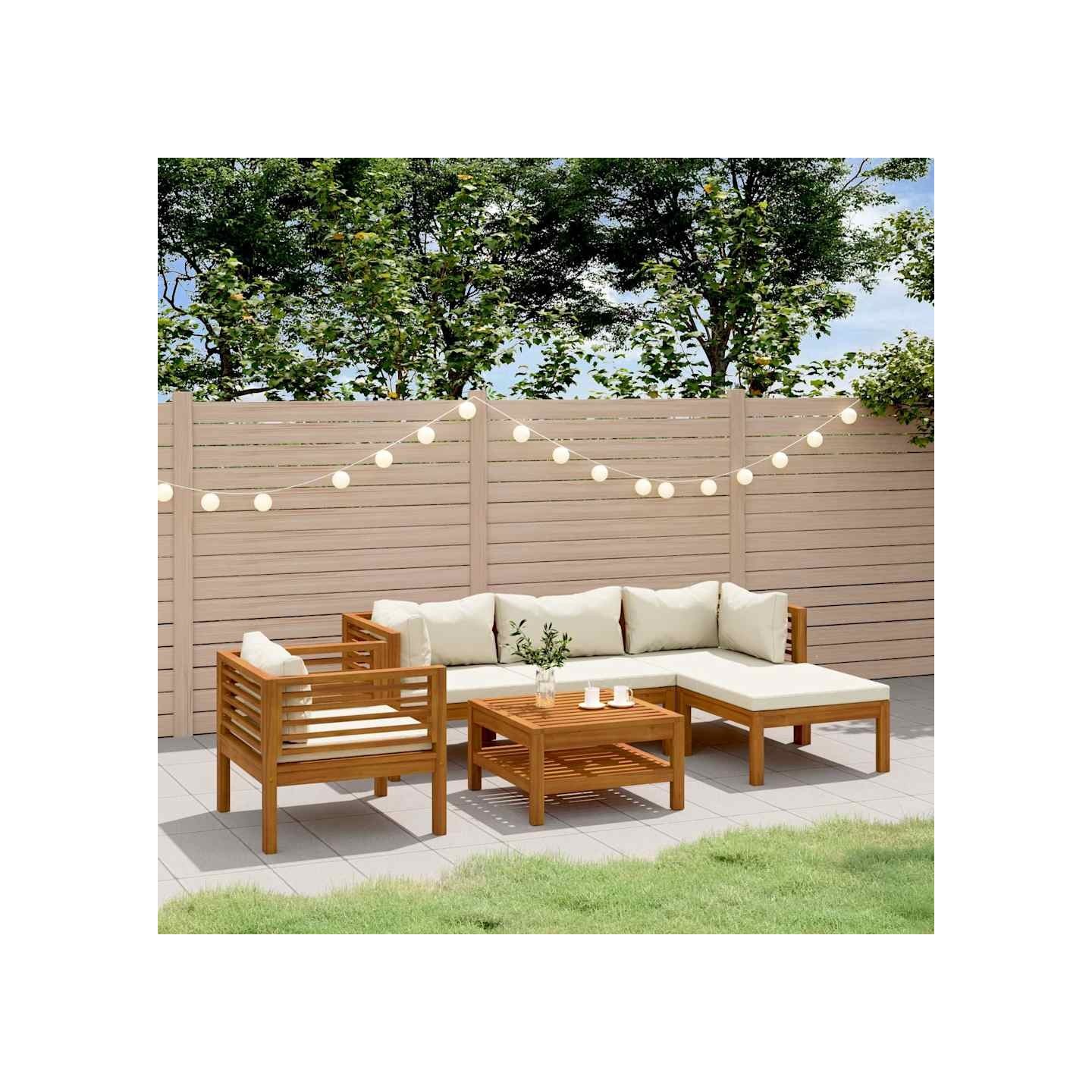 Salon de jardin 6 pcs avec coussin crème Bois d'acacia solide