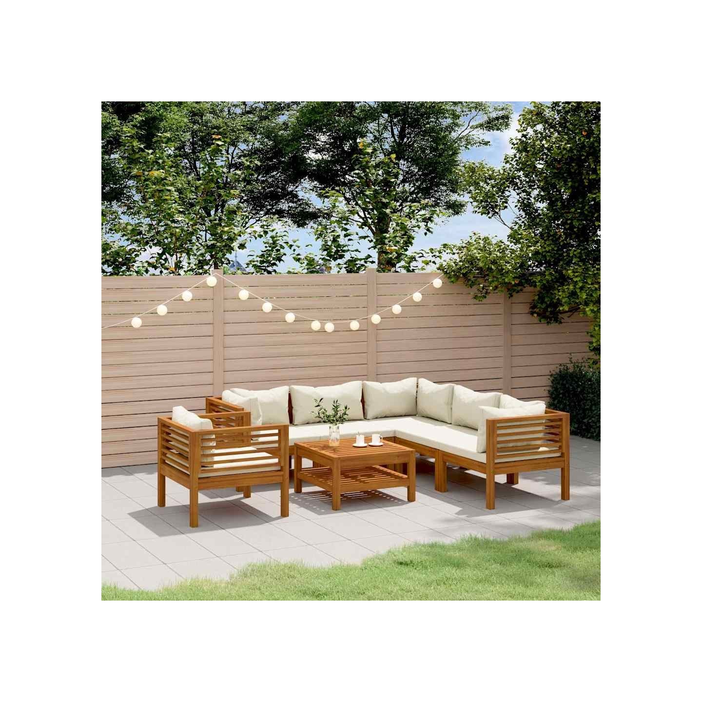 Salon de jardin 7 pcs avec coussin crème Bois d'acacia solide