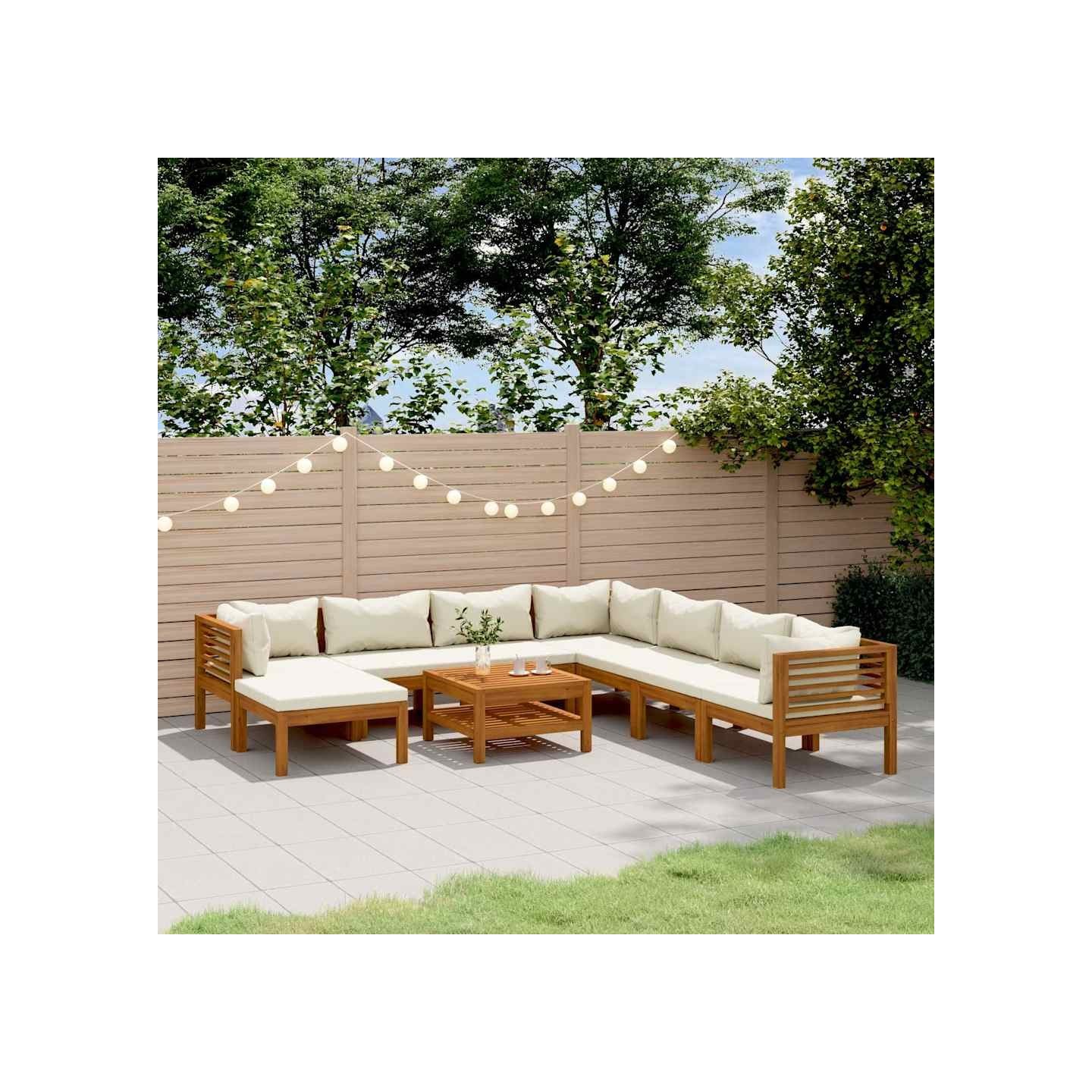 Salon de jardin 9 pcs avec coussin crème Bois d'acacia solide