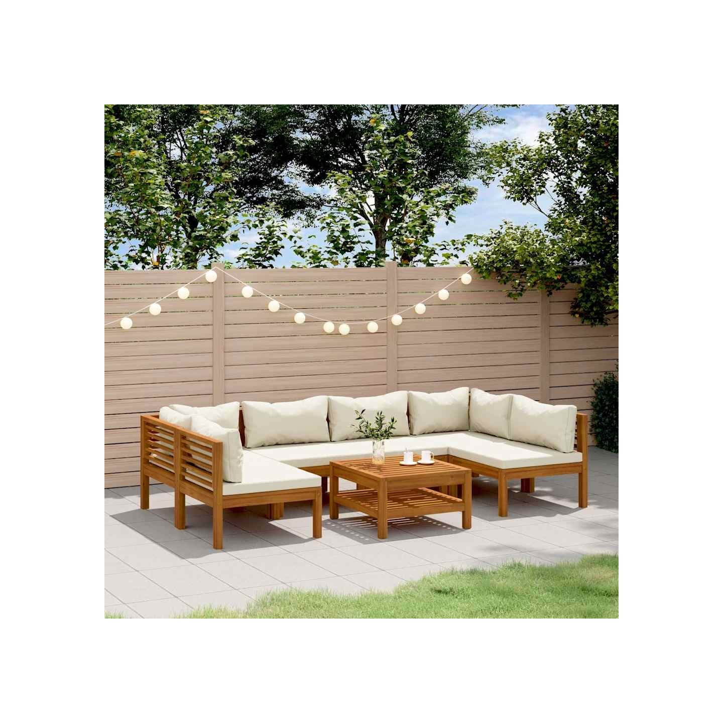 Salon de jardin 7 pcs avec coussin crème Bois d'acacia solide