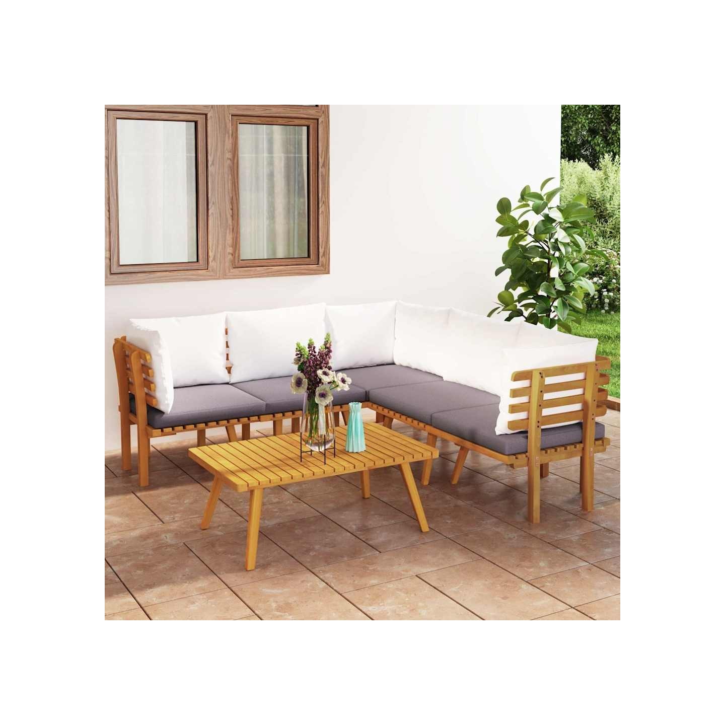 Salon de jardin 6 pcs avec coussins Bois d'acacia solide
