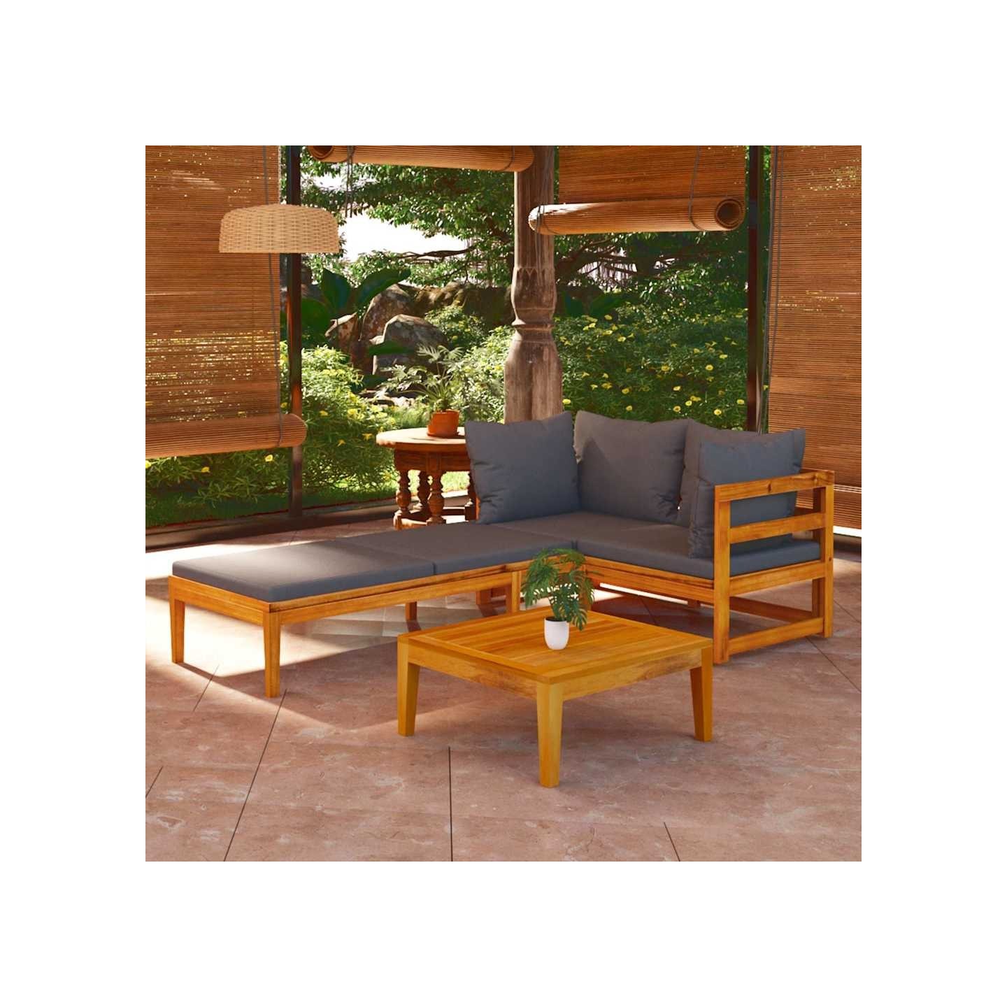 Salon de jardin 3 pcs avec coussins gris foncé Bois d'acacia