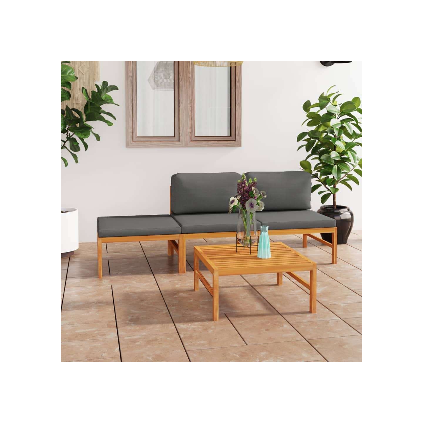 Salon de jardin 4 pcs avec coussins gris Bois de teck solide