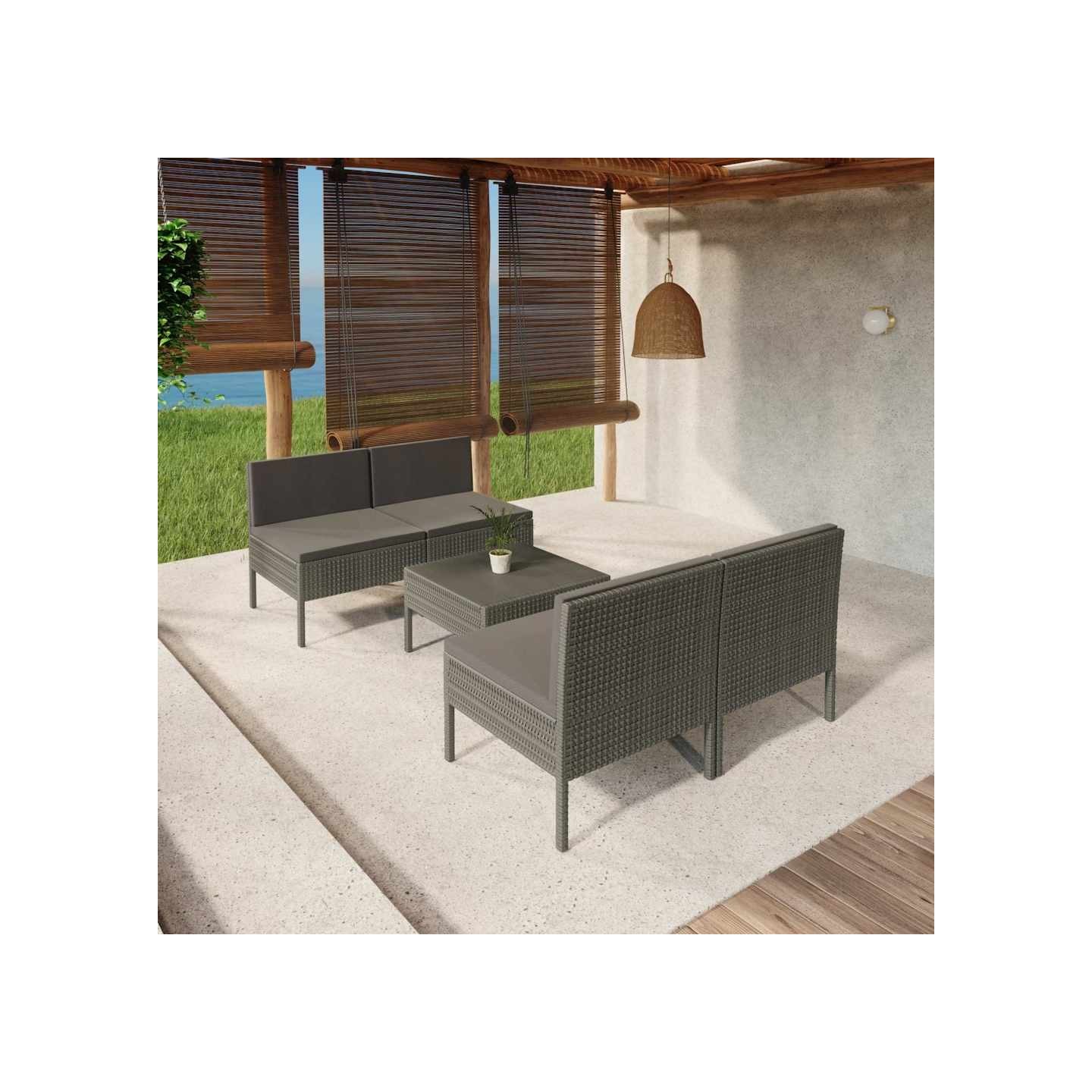 Salon de jardin 5 pcs avec coussins résine tressée gris