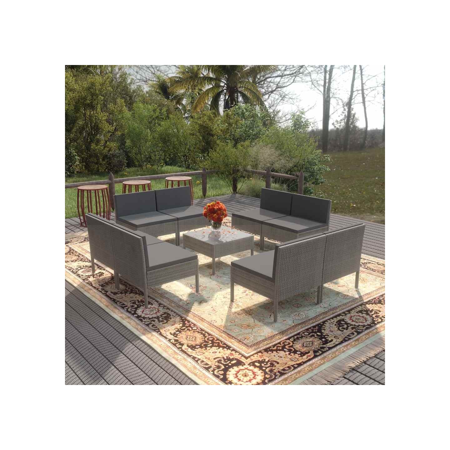 Salon de jardin 9 pcs avec coussins Résine tressée Gris