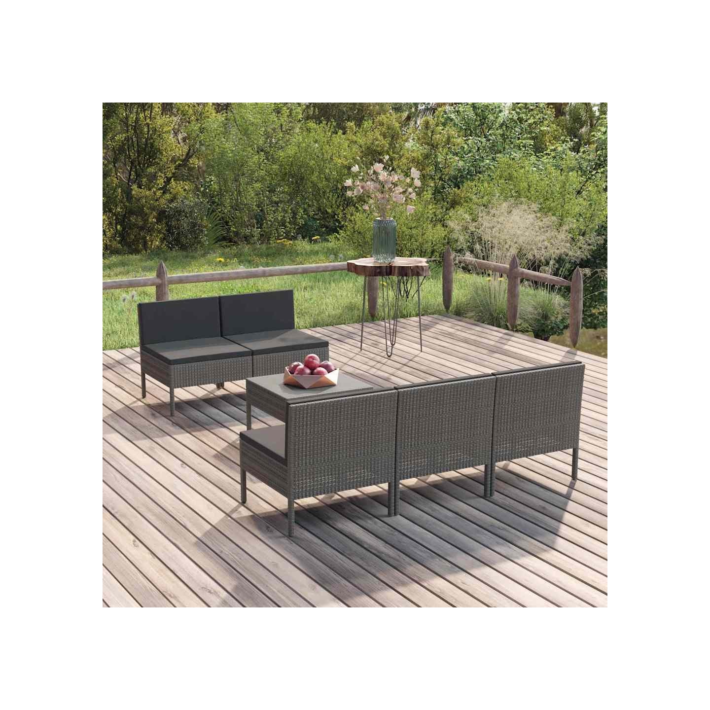Salon de jardin 6 pcs avec coussins résine tressée gris