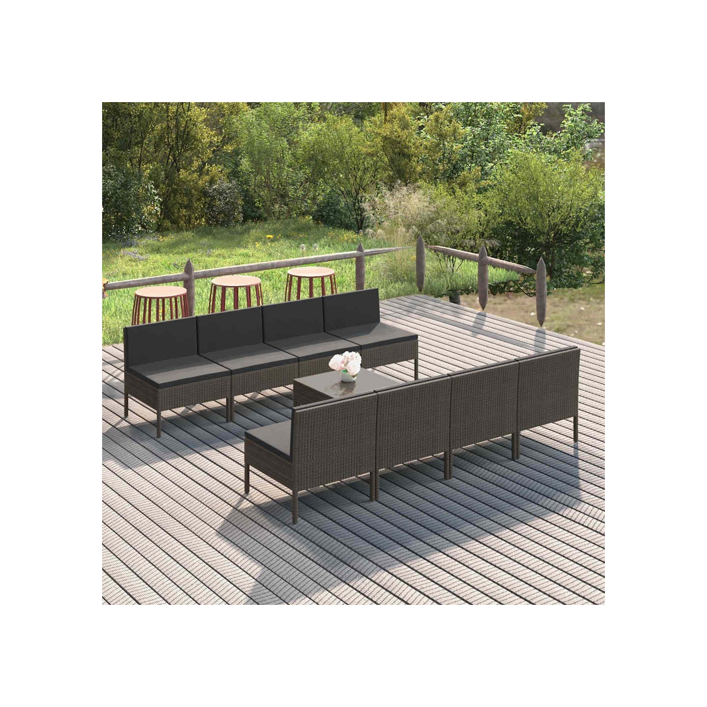 Salon de jardin 9 pcs avec coussins Résine tressée Gris
