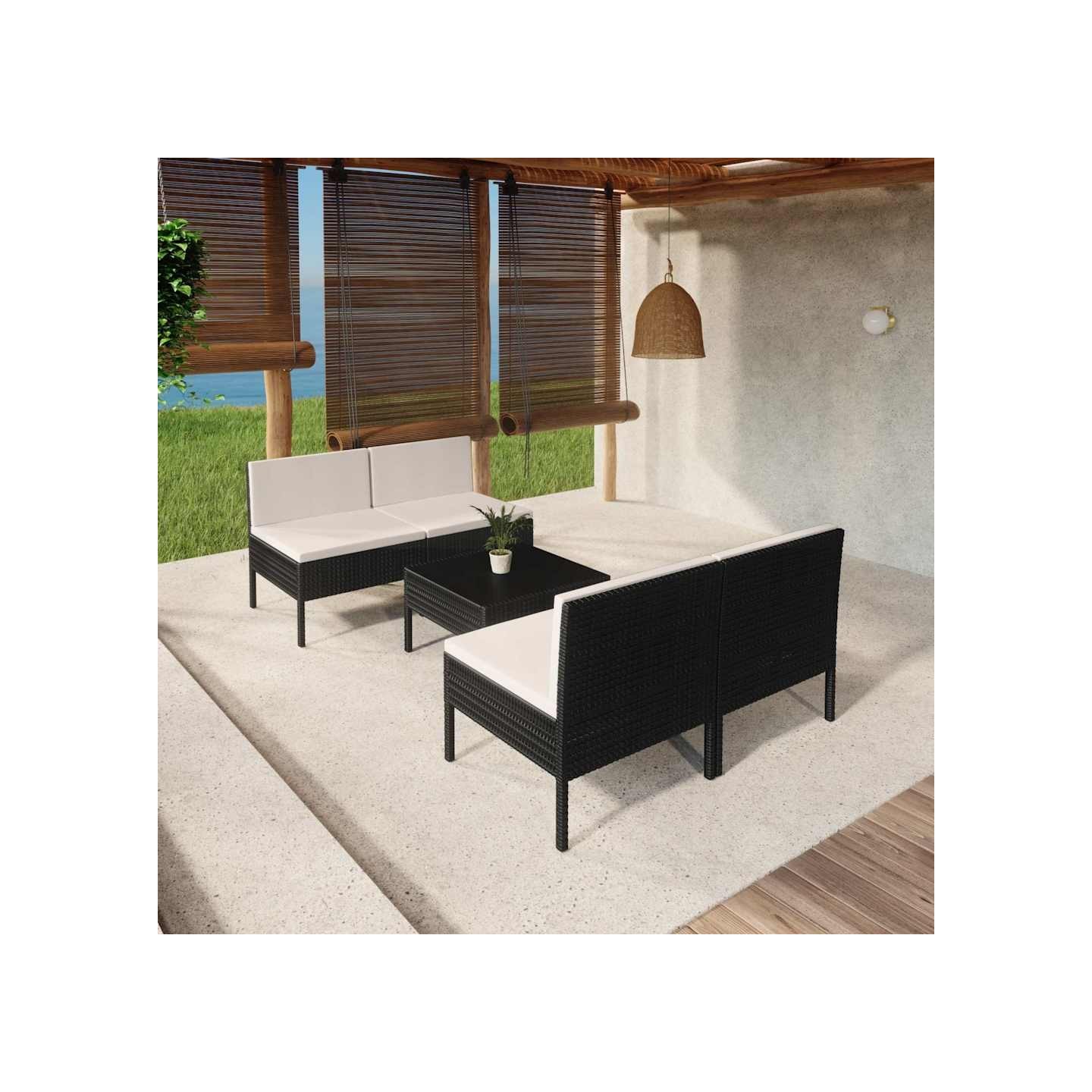 Salon de jardin 5 pcs avec coussins résine tressée noir