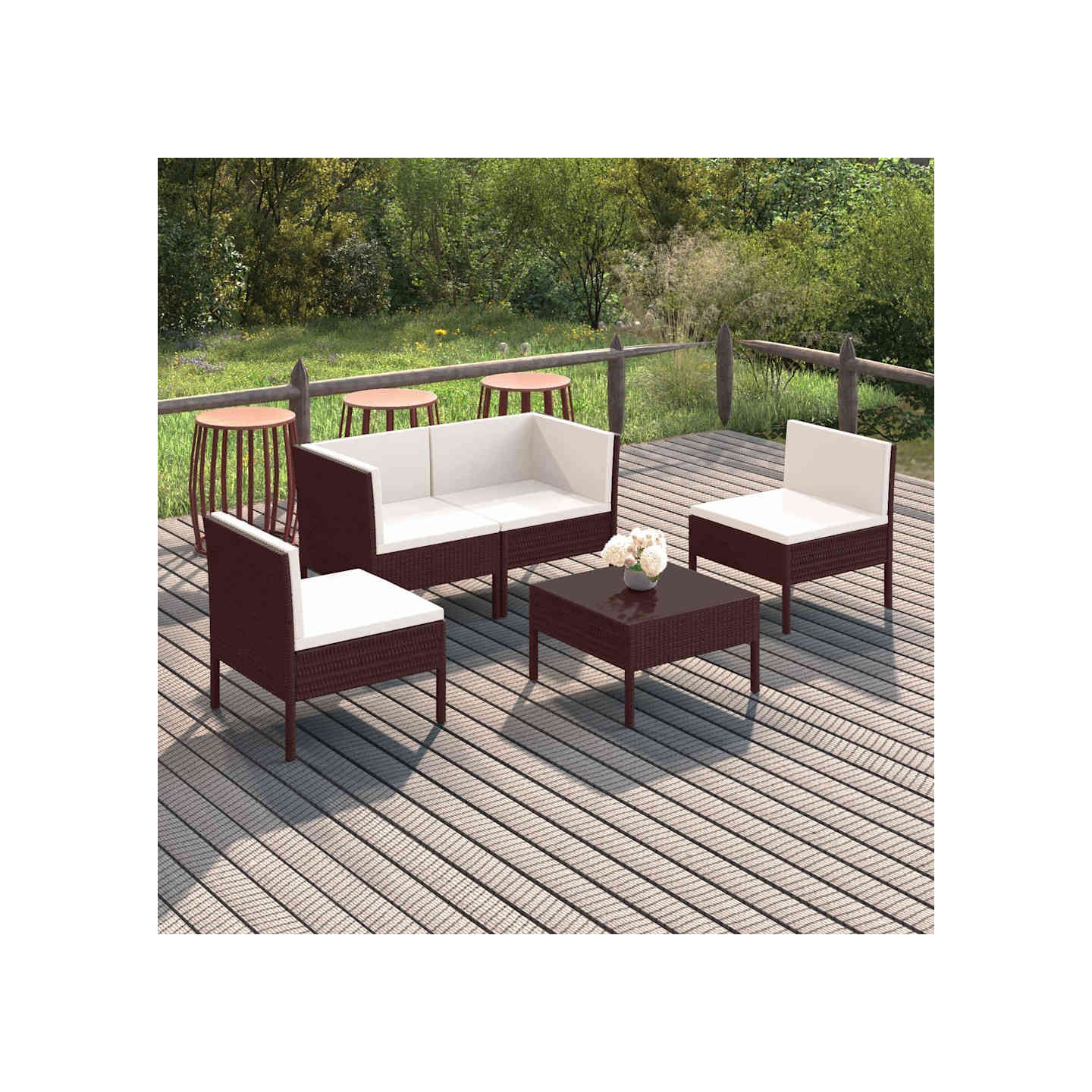 Salon de jardin 5 pcs avec coussins résine tressée marron