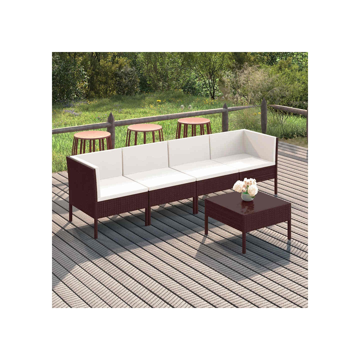 Salon de jardin 5 pcs avec coussins résine tressée marron