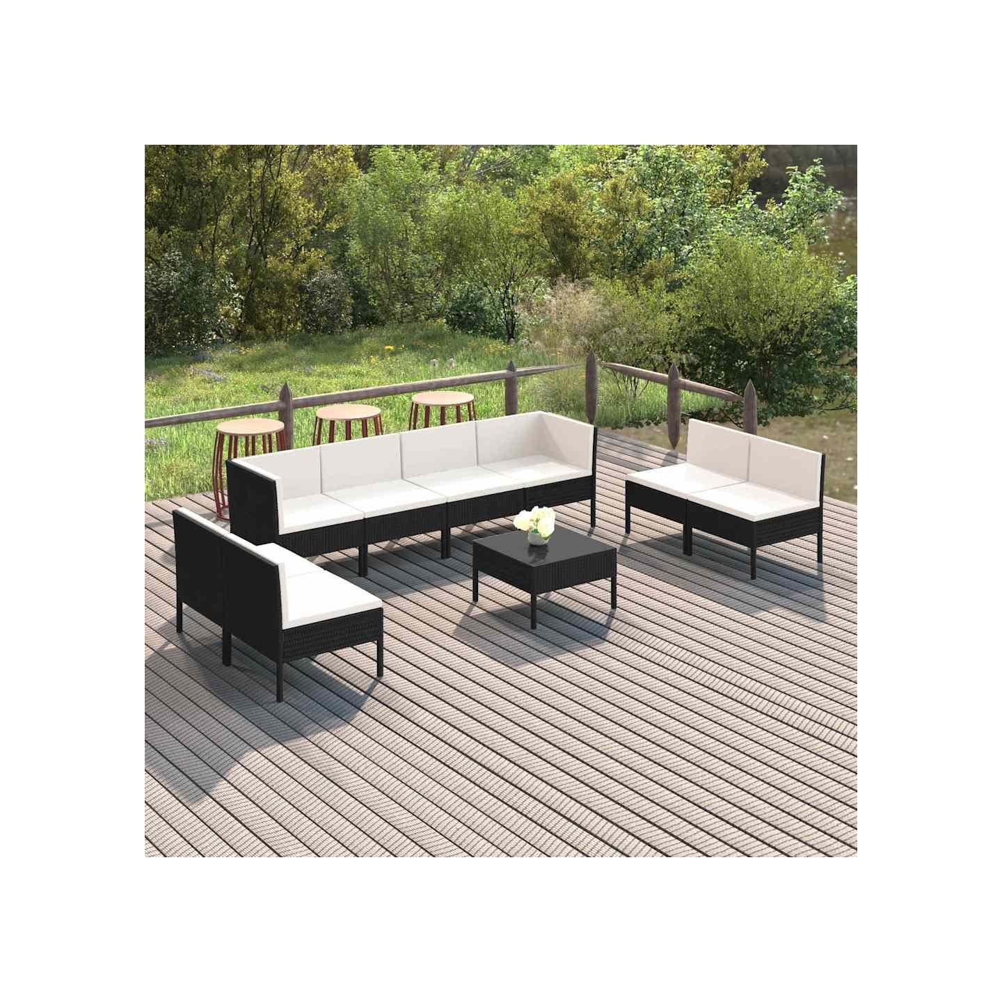 Salon de jardin 9 pcs avec coussins Résine tressée Noir