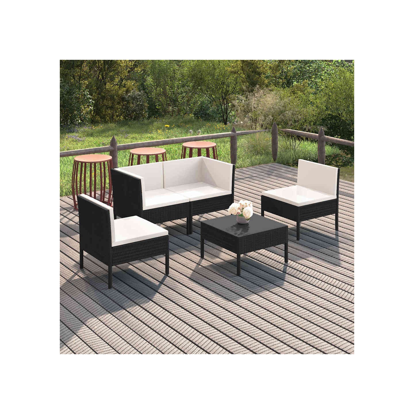Salon de jardin 5 pcs avec coussins résine tressée noir