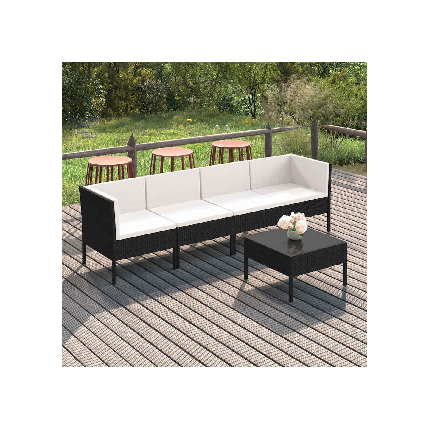 Salon de jardin 5 pcs avec coussins résine tressée noir