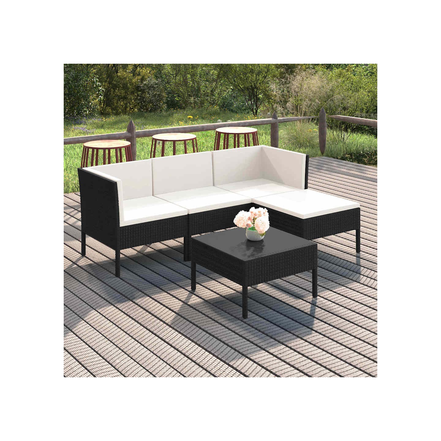 Salon de jardin 5 pcs avec coussins résine tressée noir