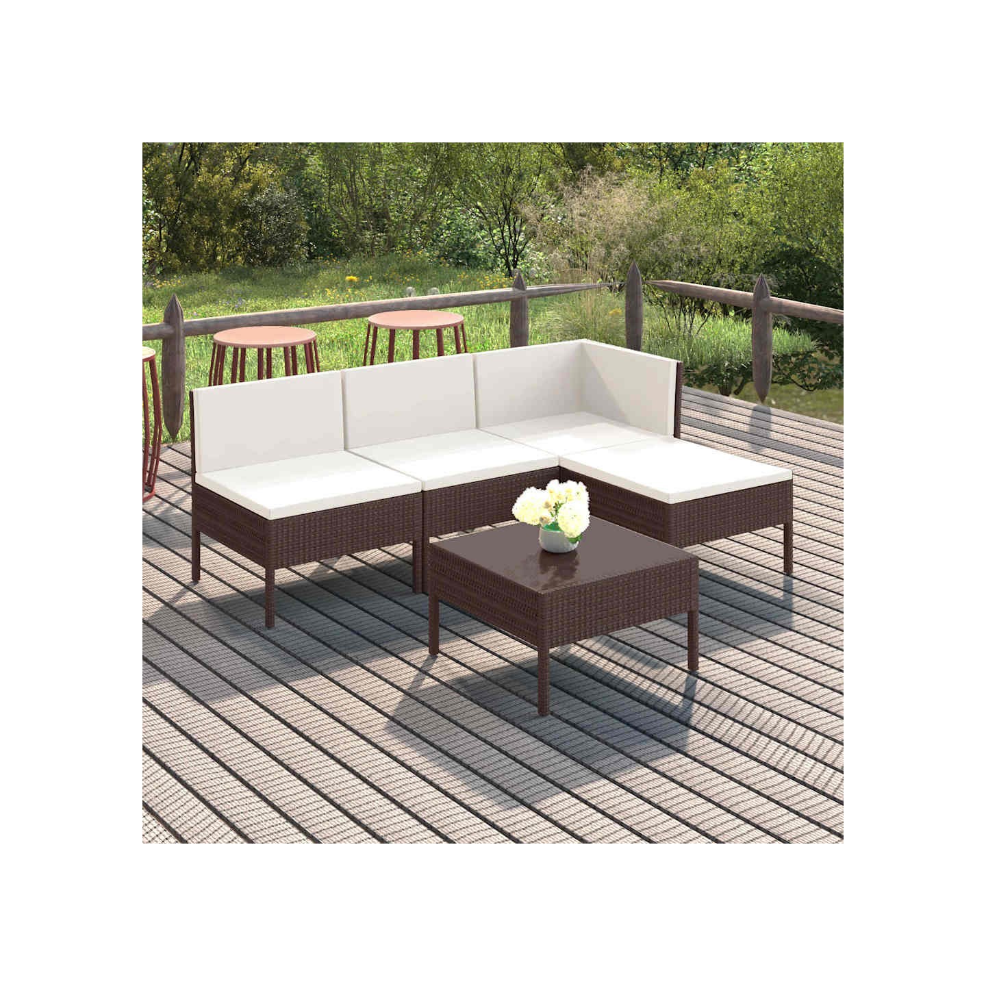 Salon de jardin 5 pcs avec coussins résine tressée marron