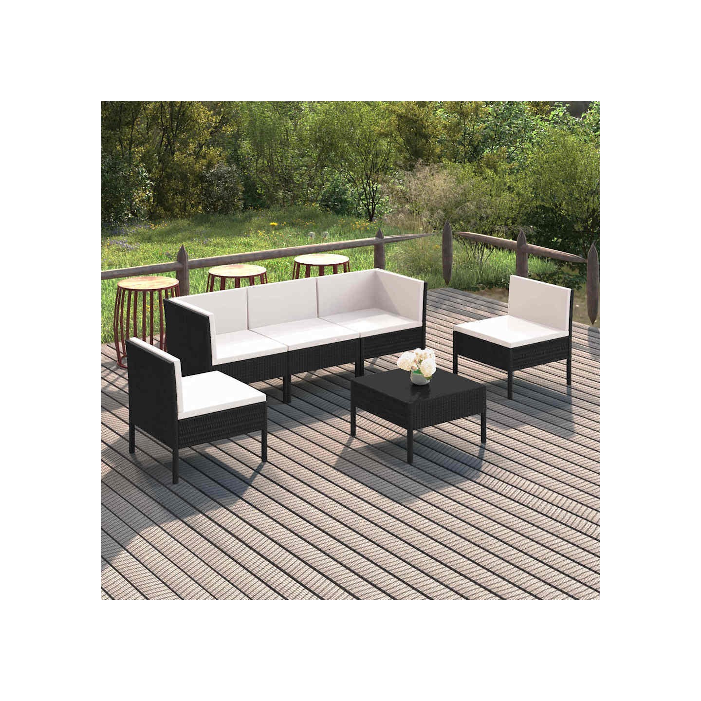 Salon de jardin 6 pcs avec coussins résine tressée noir