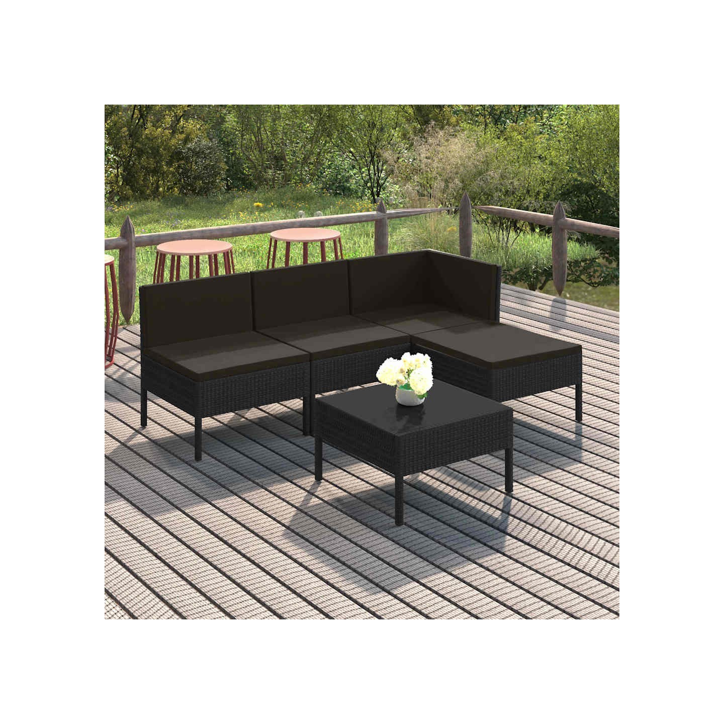 Salon de jardin 5 pcs avec coussins résine tressée noir