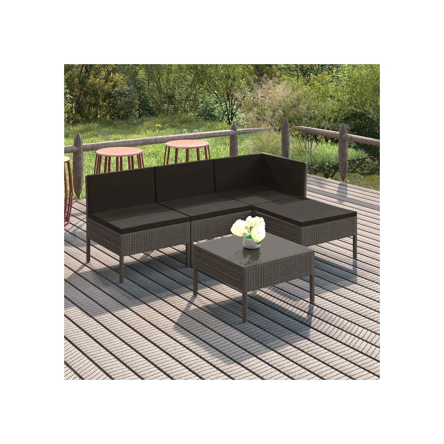 Salon de jardin 5 pcs avec coussins résine tressée gris