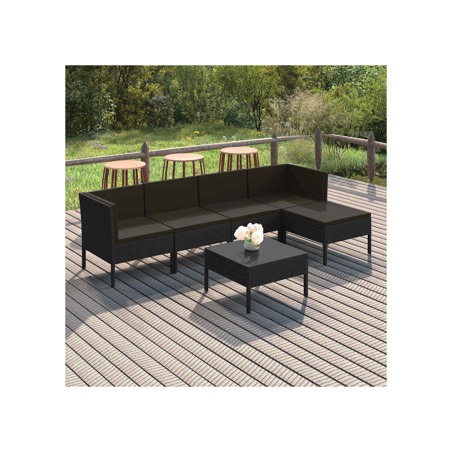 Salon de jardin 6 pcs avec coussins résine tressée noir