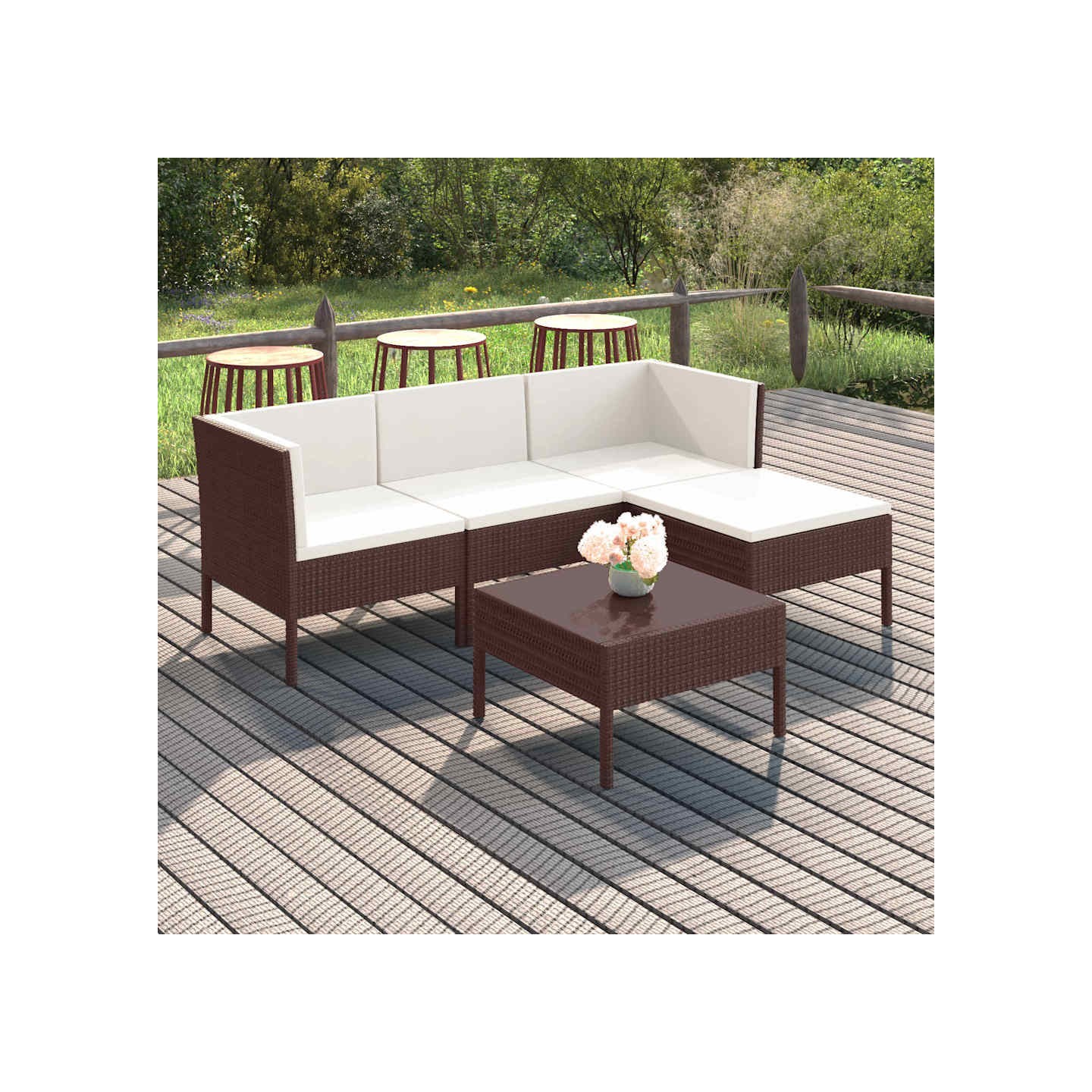 Salon de jardin 5 pcs avec coussins résine tressée marron
