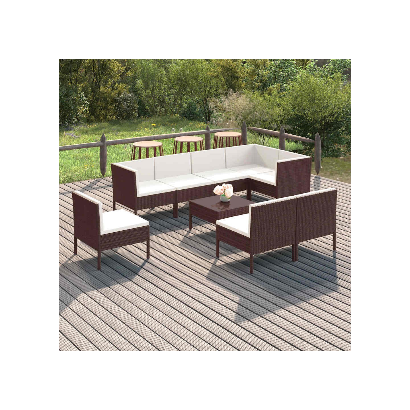 Salon de jardin 9 pcs avec coussins résine tressée marron