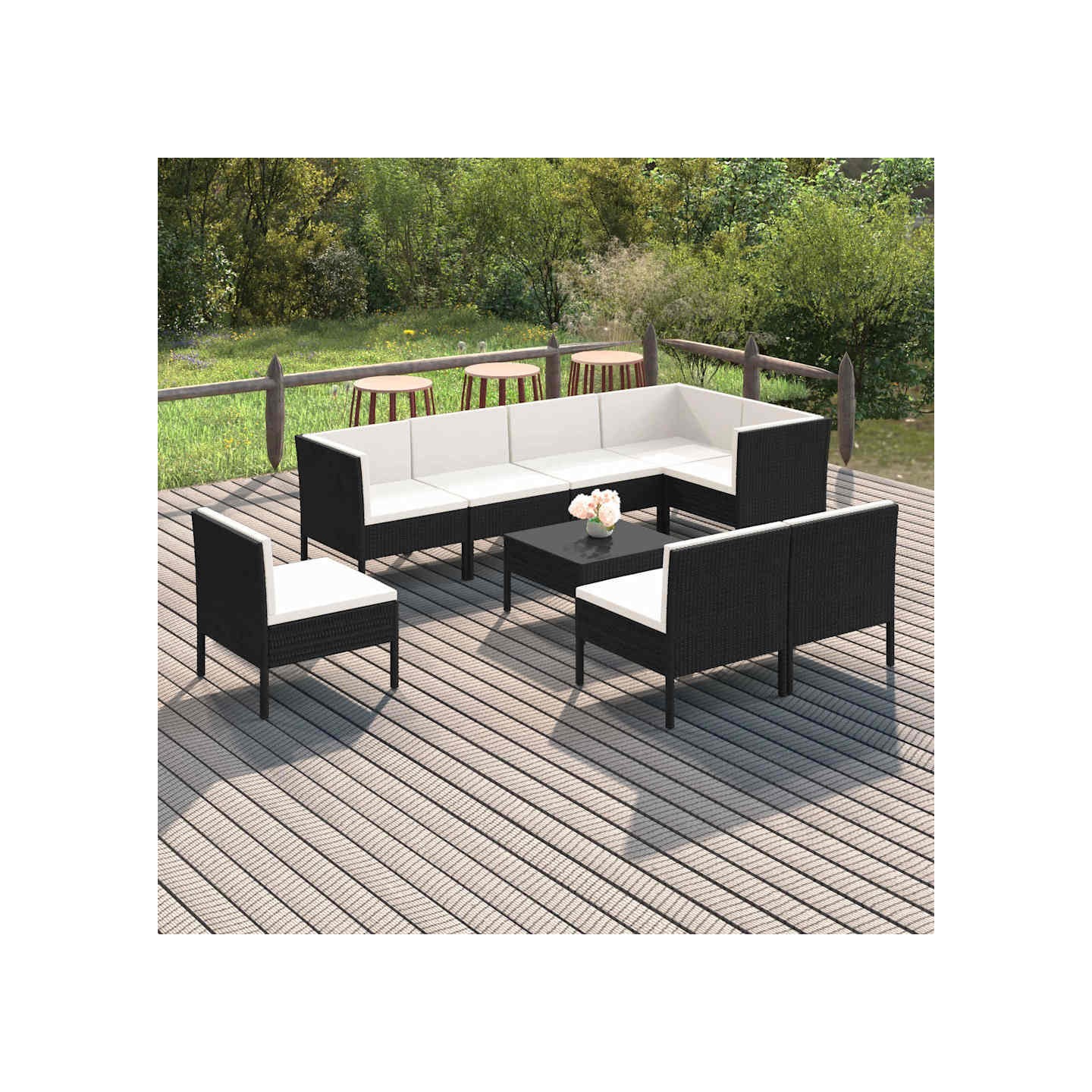 Salon de jardin 9 pcs avec coussins Résine tressée Noir