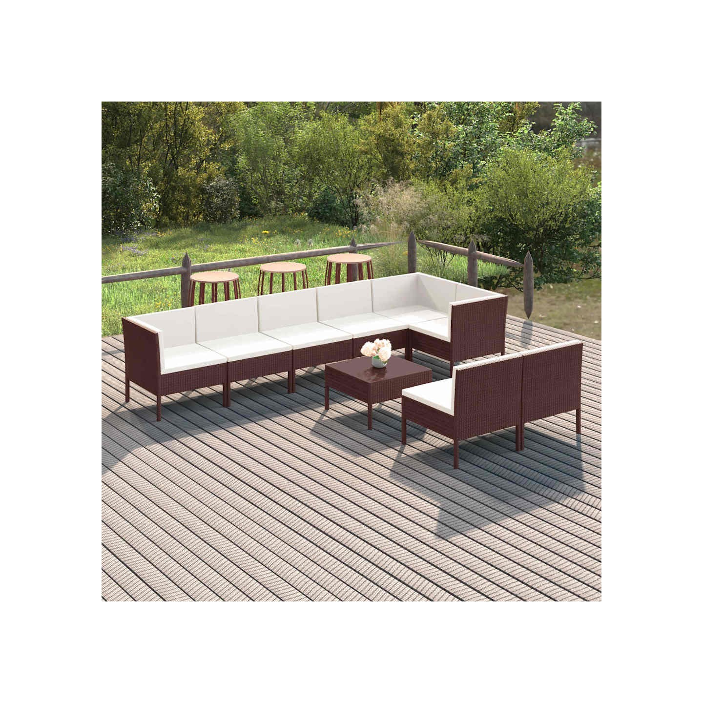 Salon de jardin 9 pcs avec coussins résine tressée marron