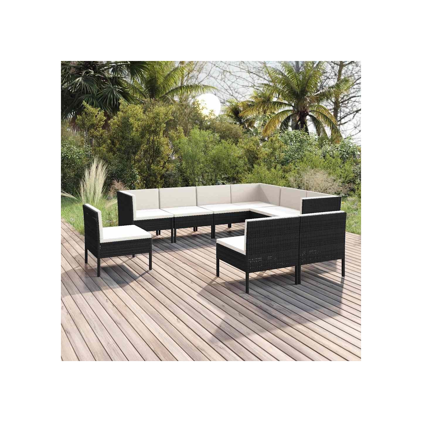 Salon de jardin 9 pcs avec coussins Résine tressée Noir