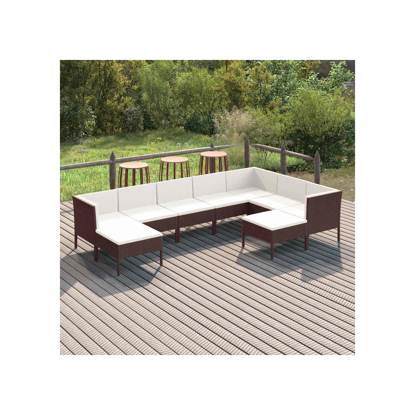 Salon de jardin 9 pcs avec coussins résine tressée marron