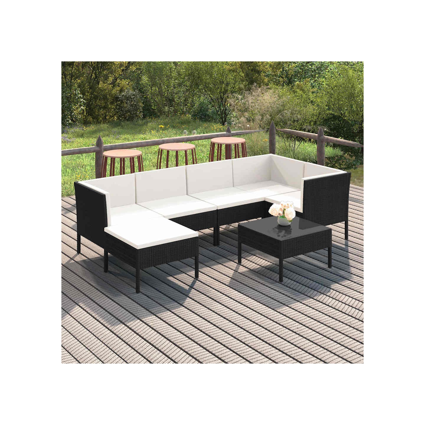 Salon de jardin 7 pcs avec coussins Résine tressée Noir
