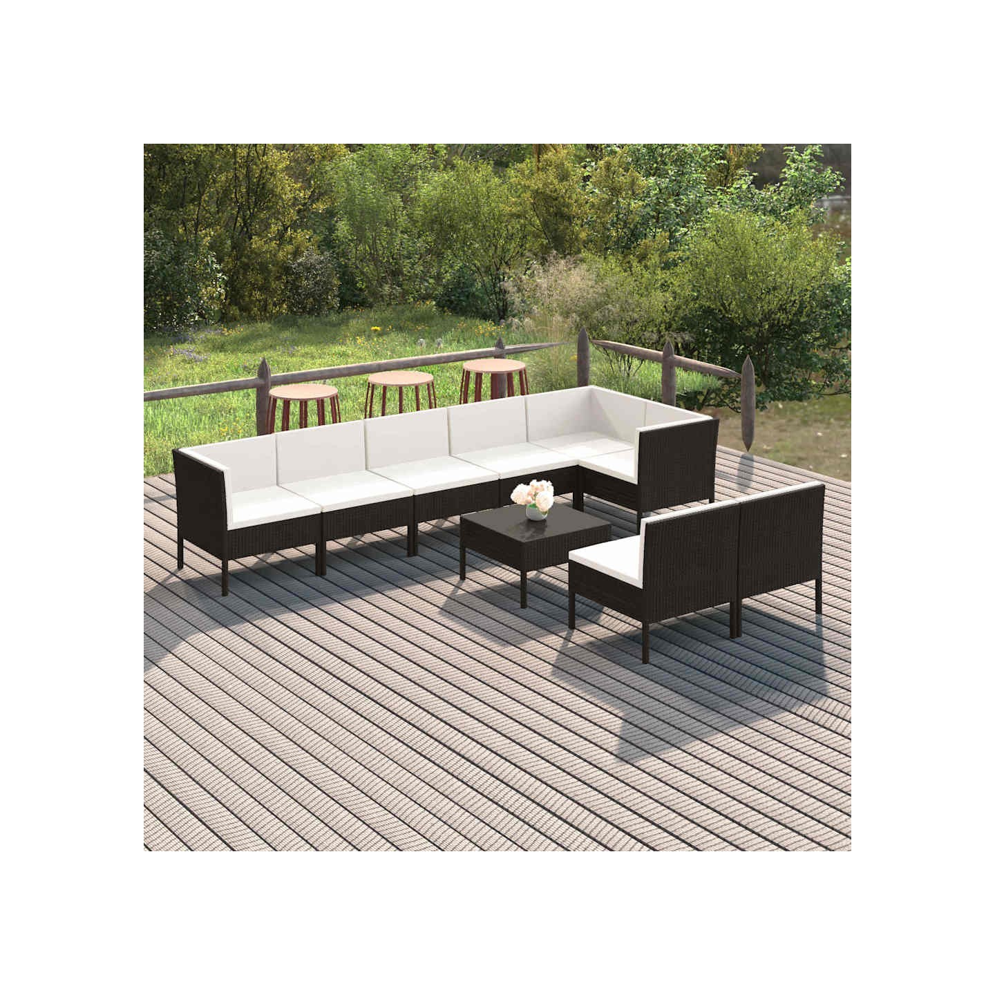 Salon de jardin 9 pcs avec coussins Résine tressée Noir