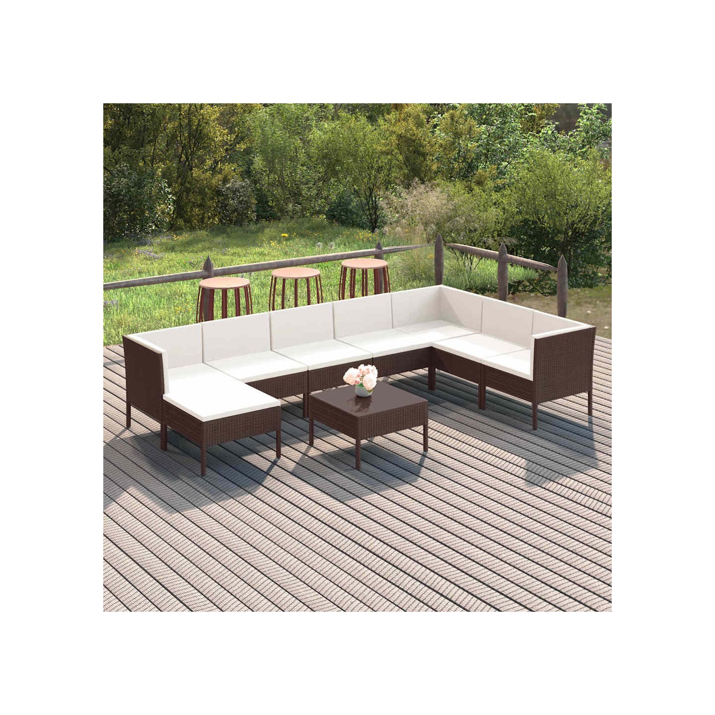 Salon de jardin 9 pcs avec coussins résine tressée marron