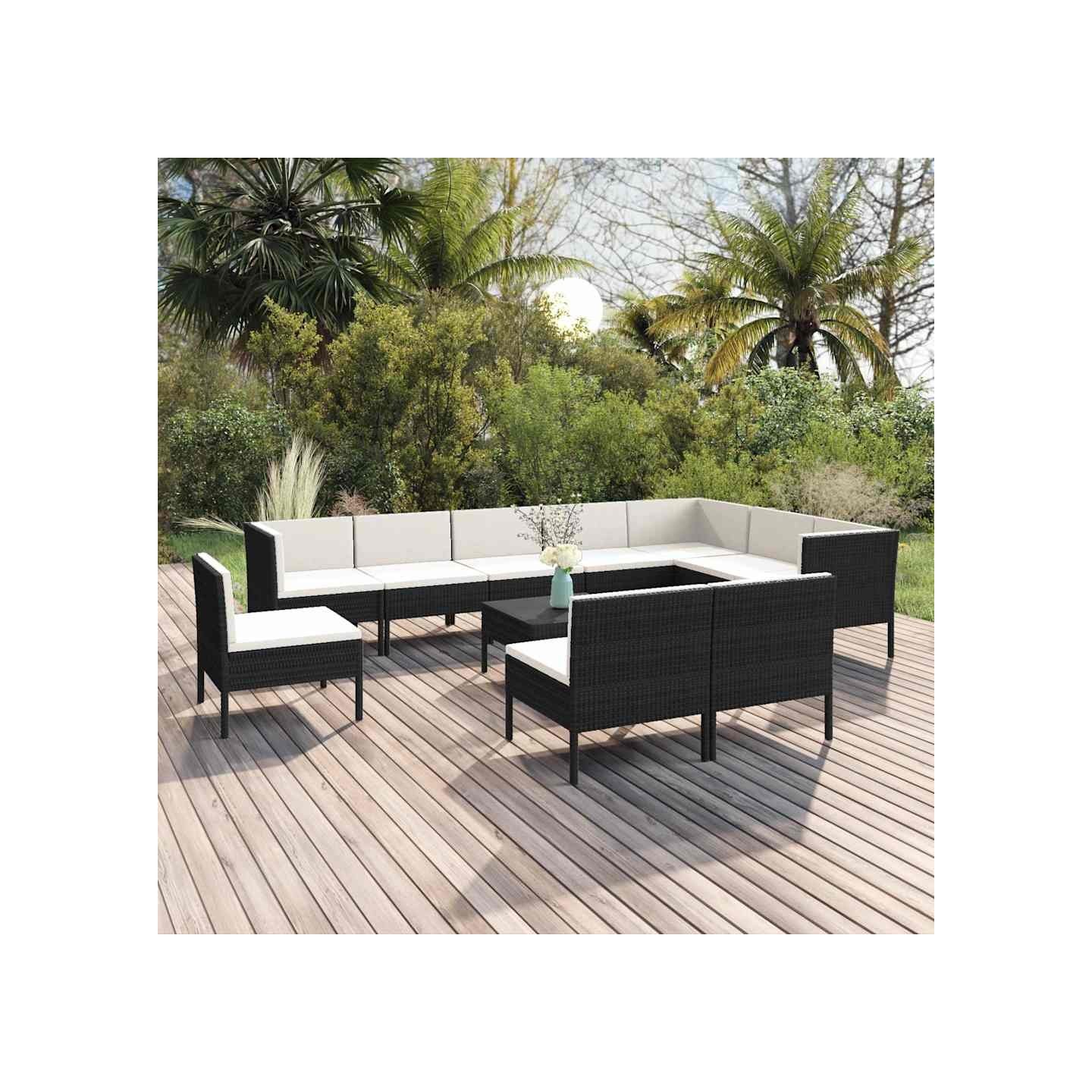 Salon de jardin 11 pcs avec coussins Résine tressée Noir