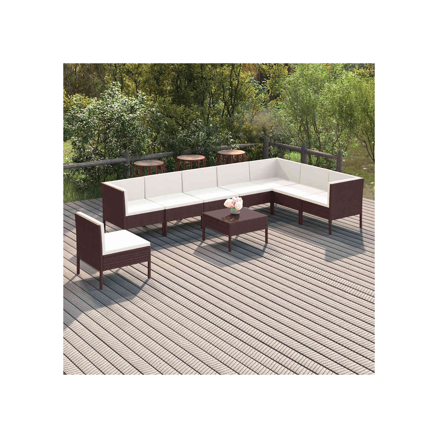 Salon de jardin 9 pcs avec coussins résine tressée marron