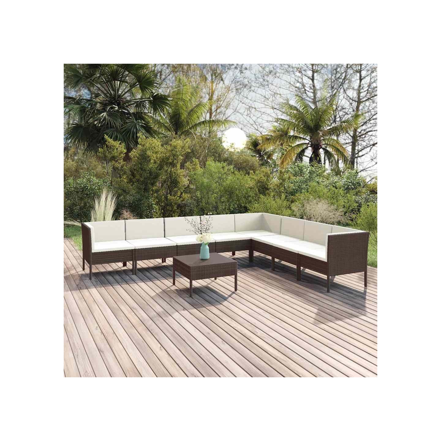 Salon de jardin 9 pcs avec coussins résine tressée marron