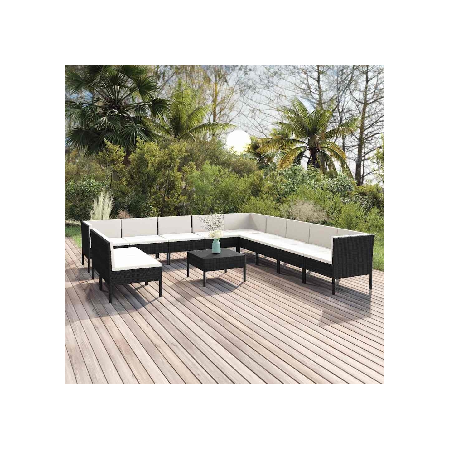 Salon de jardin 12 pcs avec coussins résine tressée noir