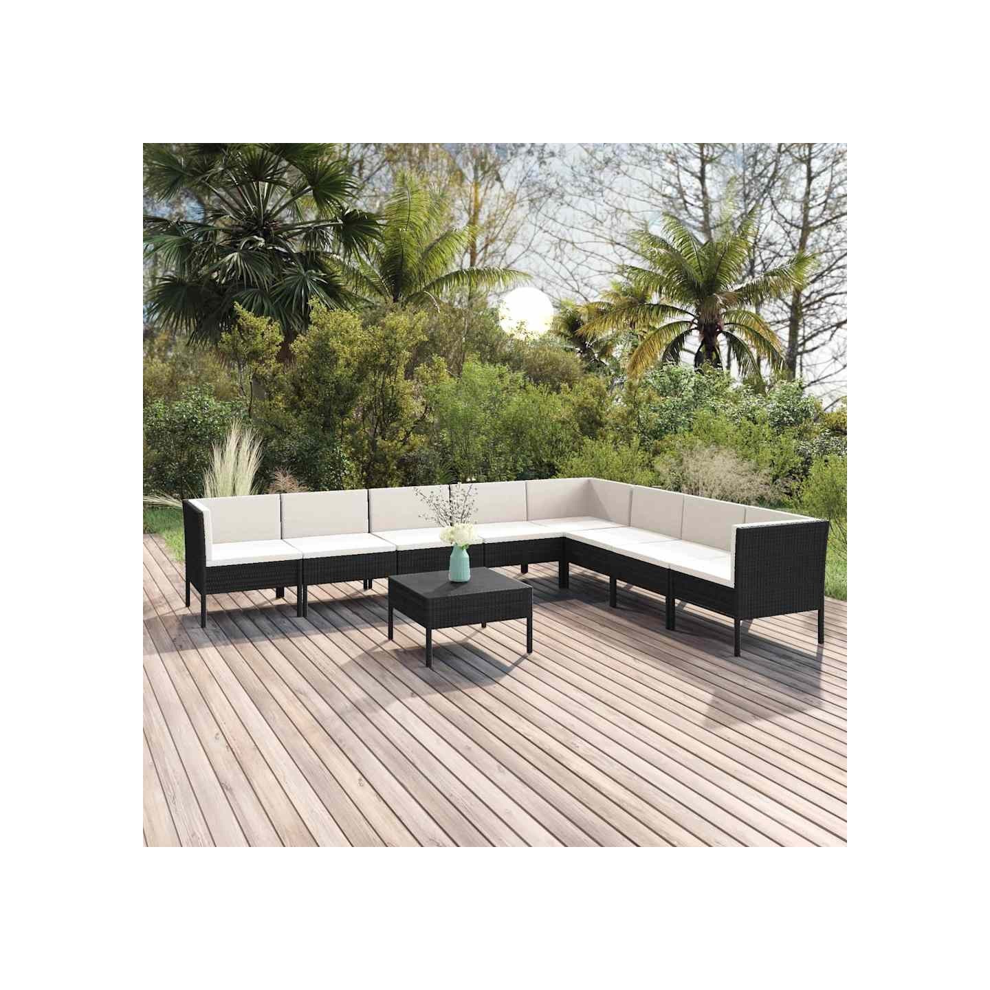 Salon de jardin 9 pcs avec coussins Résine tressée Noir