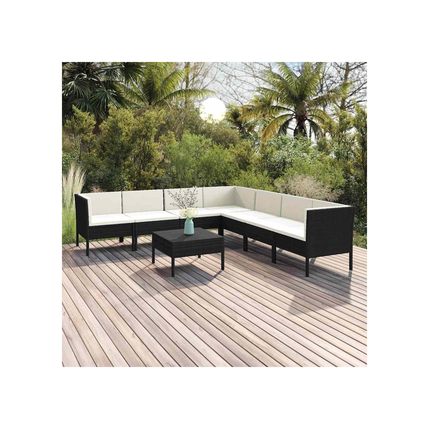 Salon de jardin 8 pcs avec coussins résine tressée noir