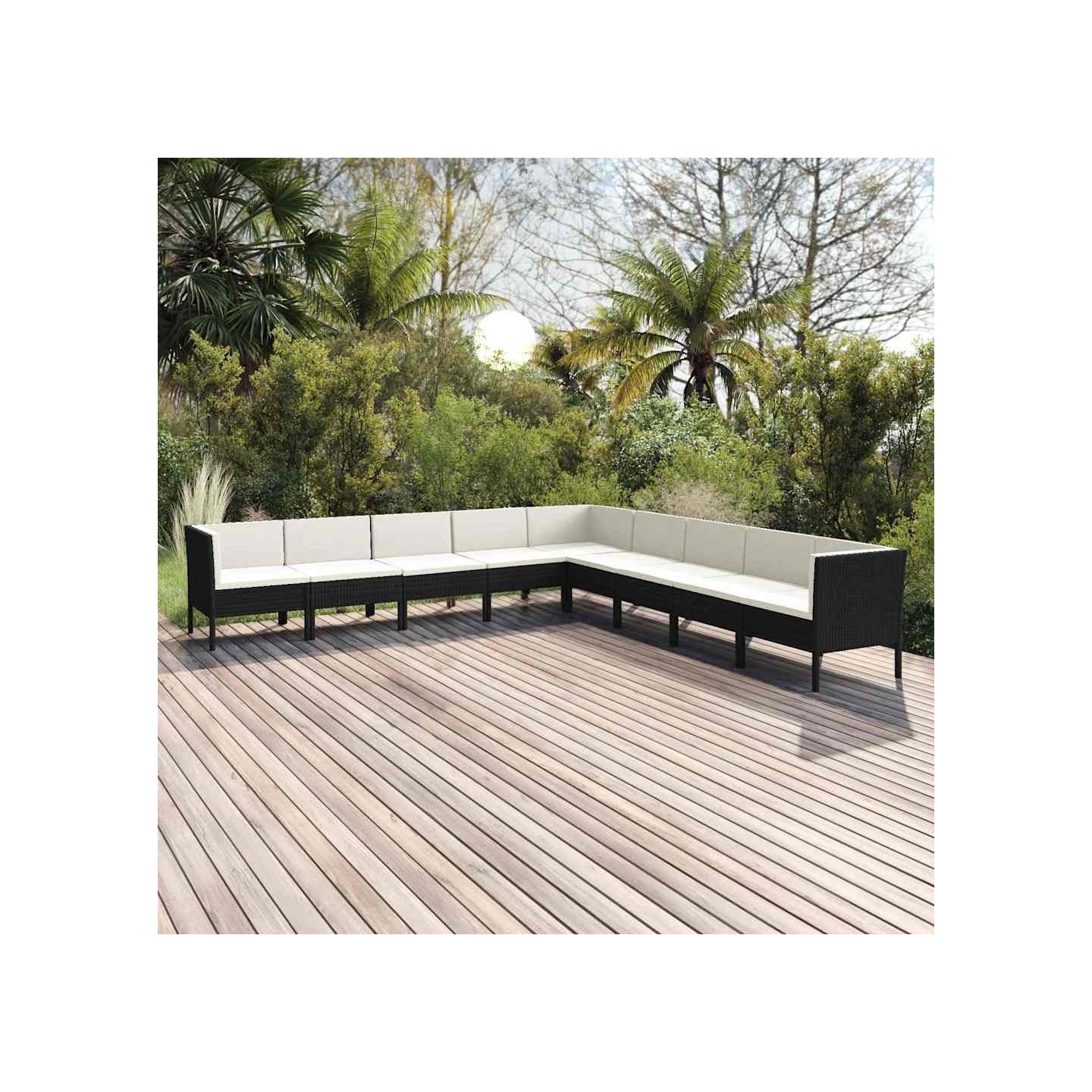 Salon de jardin 9 pcs avec coussins Résine tressée Noir