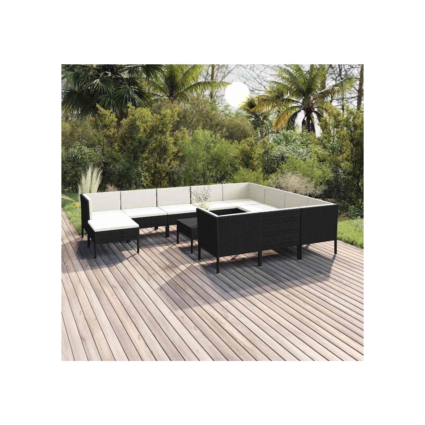 Salon de jardin 12 pcs avec coussins résine tressée noir