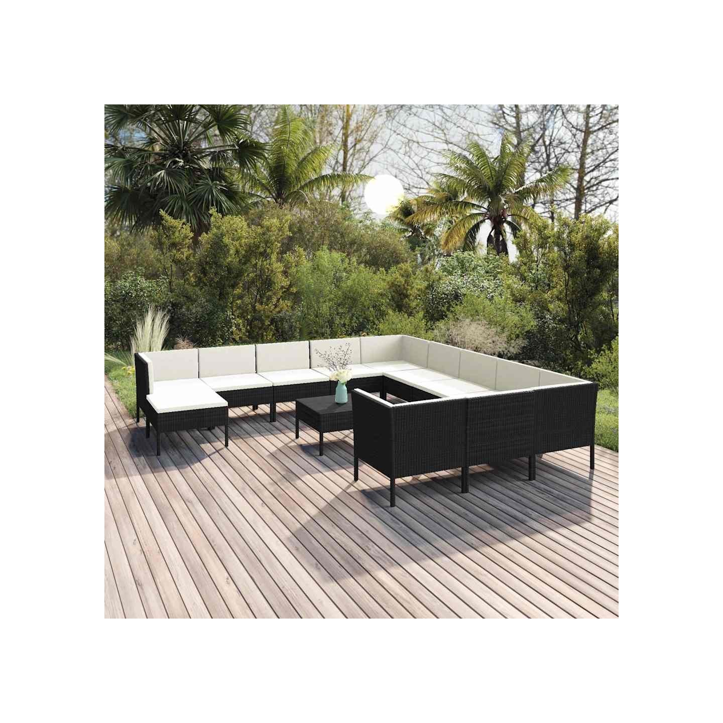 Salon de jardin 13 pcs avec coussins Résine tressée Noir