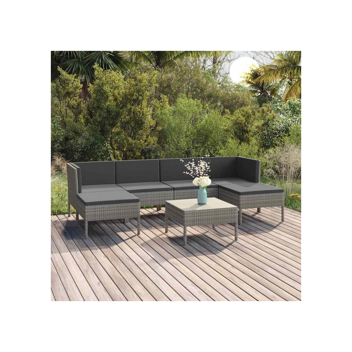Salon de jardin 7 pcs avec coussins résine tressée gris